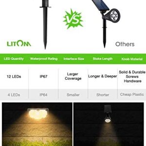 LITOM 12 LEDs Solar Landscape Spotlights, IP67 Waterproof Solar Powered Wall Lights 2-in-1 Wireless Outdoor Solar Landscaping Light for Yard Garden Driveway Porch Walkway Pool Patio (Warm White)