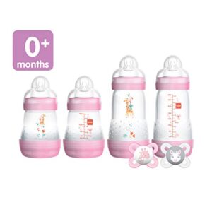 MAM Newborn Essentials "Feed & Soothe" Set (6-Piece), Easy Start Anti-Colic Baby Bottles, 0-2 Month Pacifier, Baby Shower Gifts for Baby Girl, Purple