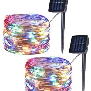 Set of 2 Solar Powered 100-LED String Lights, Outdoor Multicolor Copper Wire Fairy Lights, Waterproof Garden Decoration Christmas Lights