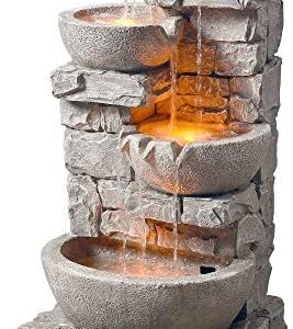 Peaktop 201601PT Floor Stacked Stone 4 Tiered Bowls Waterfall Water Fountain for Outdoor Patio Garden Backyard Decking with Led Lights and Pump, 33" Height, Gray