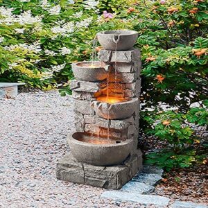 Peaktop 201601PT Floor Stacked Stone 4 Tiered Bowls Waterfall Water Fountain for Outdoor Patio Garden Backyard Decking with Led Lights and Pump, 33" Height, Gray